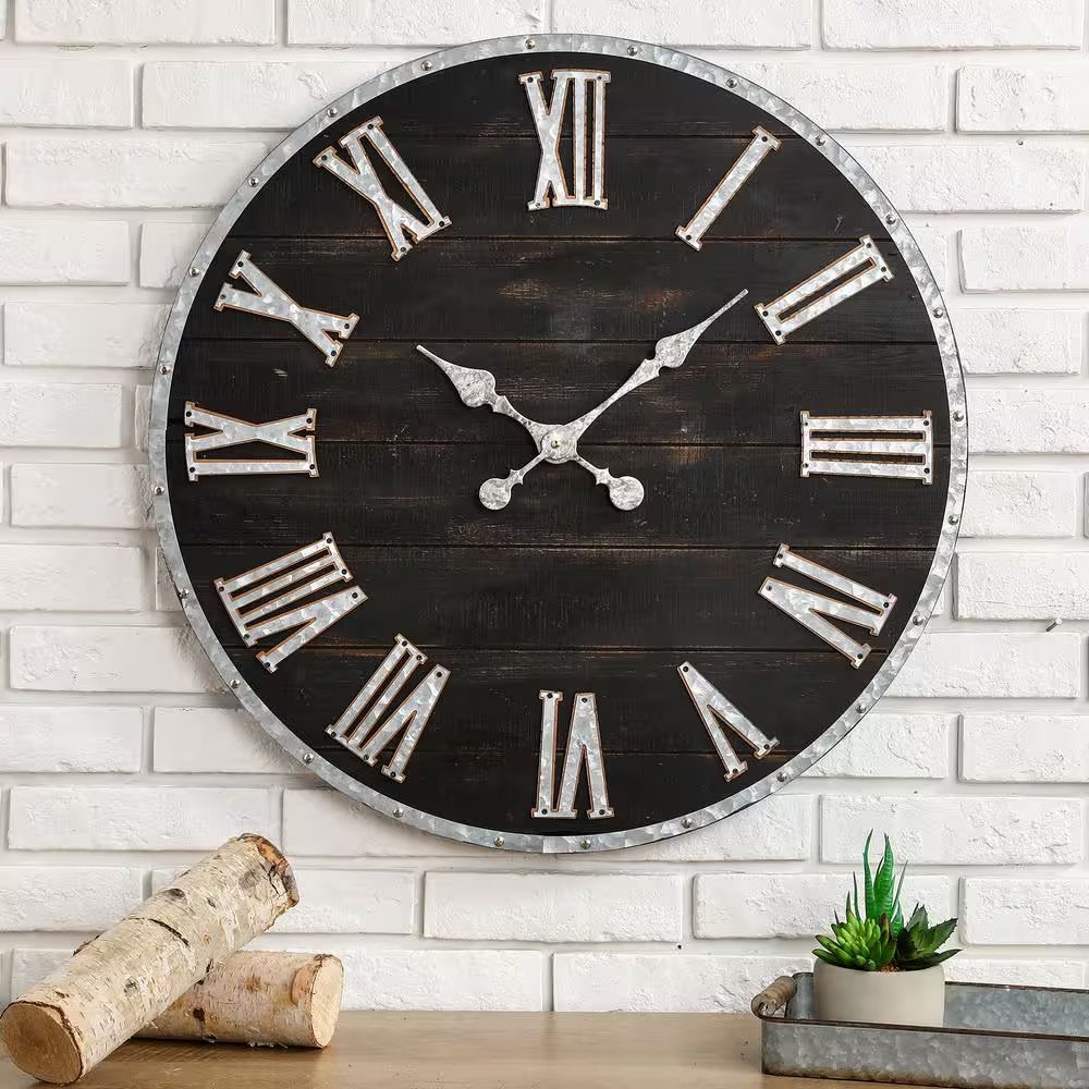 27.56 In. D Oversized Farmhouse Wooden and Galvanized Wall Clock