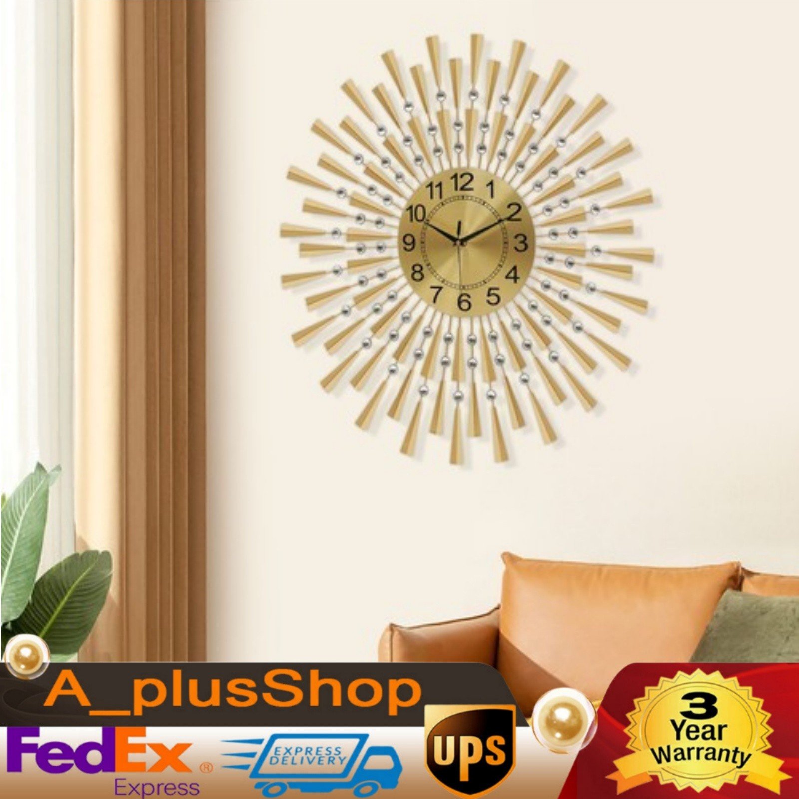 27.6in Large Wall Clocks Non-Ticking Bedroom Gold Silent Retro Clock Wall Decor