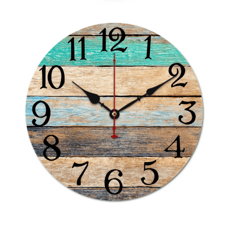 2D 10 Rustic Vintage Round Wall Clock - Artificial Wood with Teal Blue & Brown Wood Plank Design for Bedroom, Living Room, Office, Kitchen, Bathroom Decor, Clock for Living Room (AA Not Included)