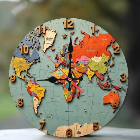 2D Colorful World Map Wall Clock with Numbers 10-Inch Silent Wooden Wall Clock, Battery Operated (AA Batteries Not Included), Artistic Home Decor