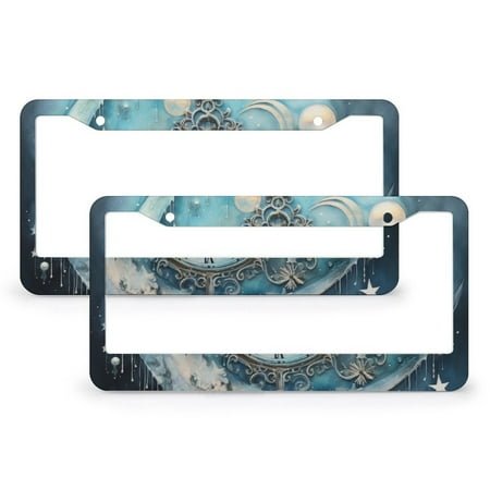 2 Pack Moon Shaped Clock With Stars License Plate Frames Moon Star License Plate Cover Front Plates Frames Car Tag Frame Aluminum Metal 2 Holes for Us Standard Vehicles