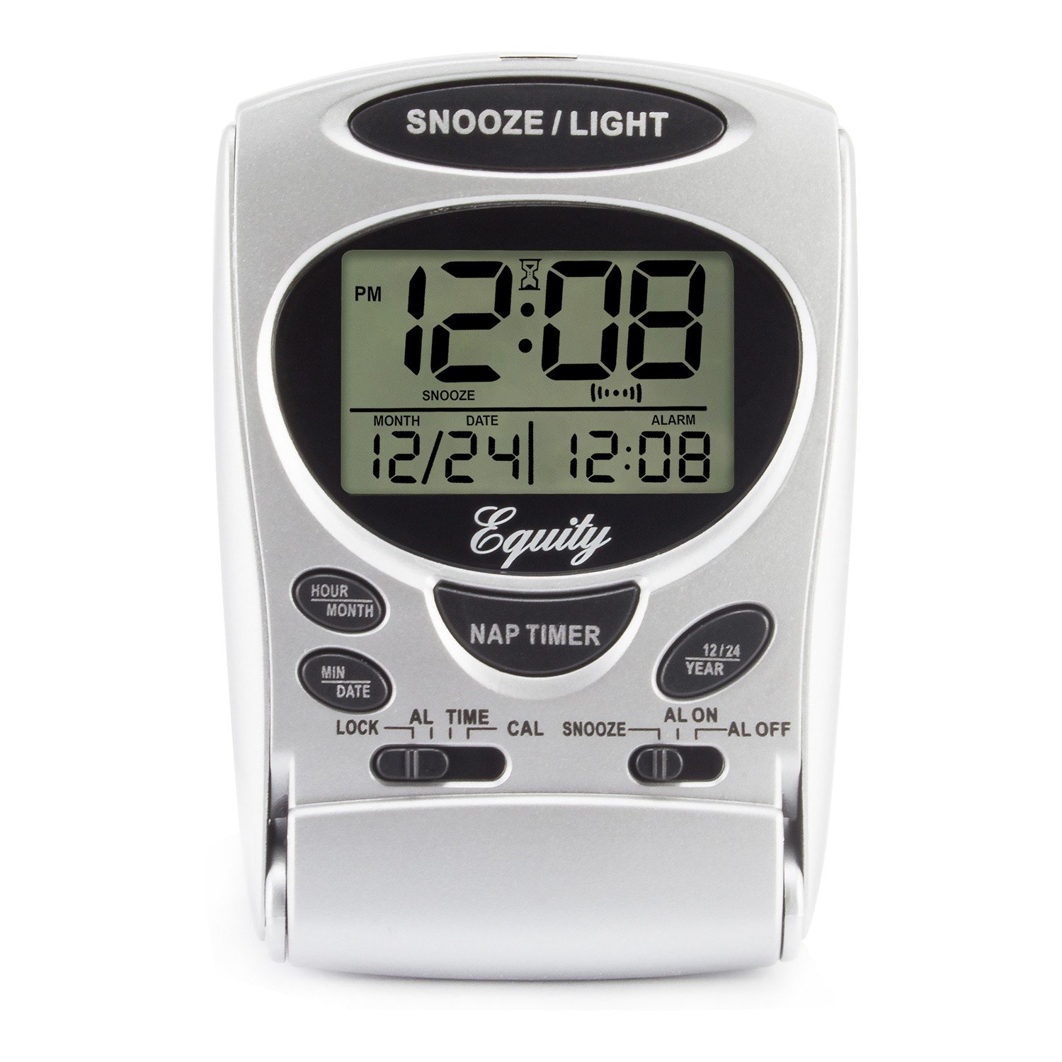31300 Equity by La Crosse LCD Digital Fold-Up Travel Alarm Clock - Silver NIB