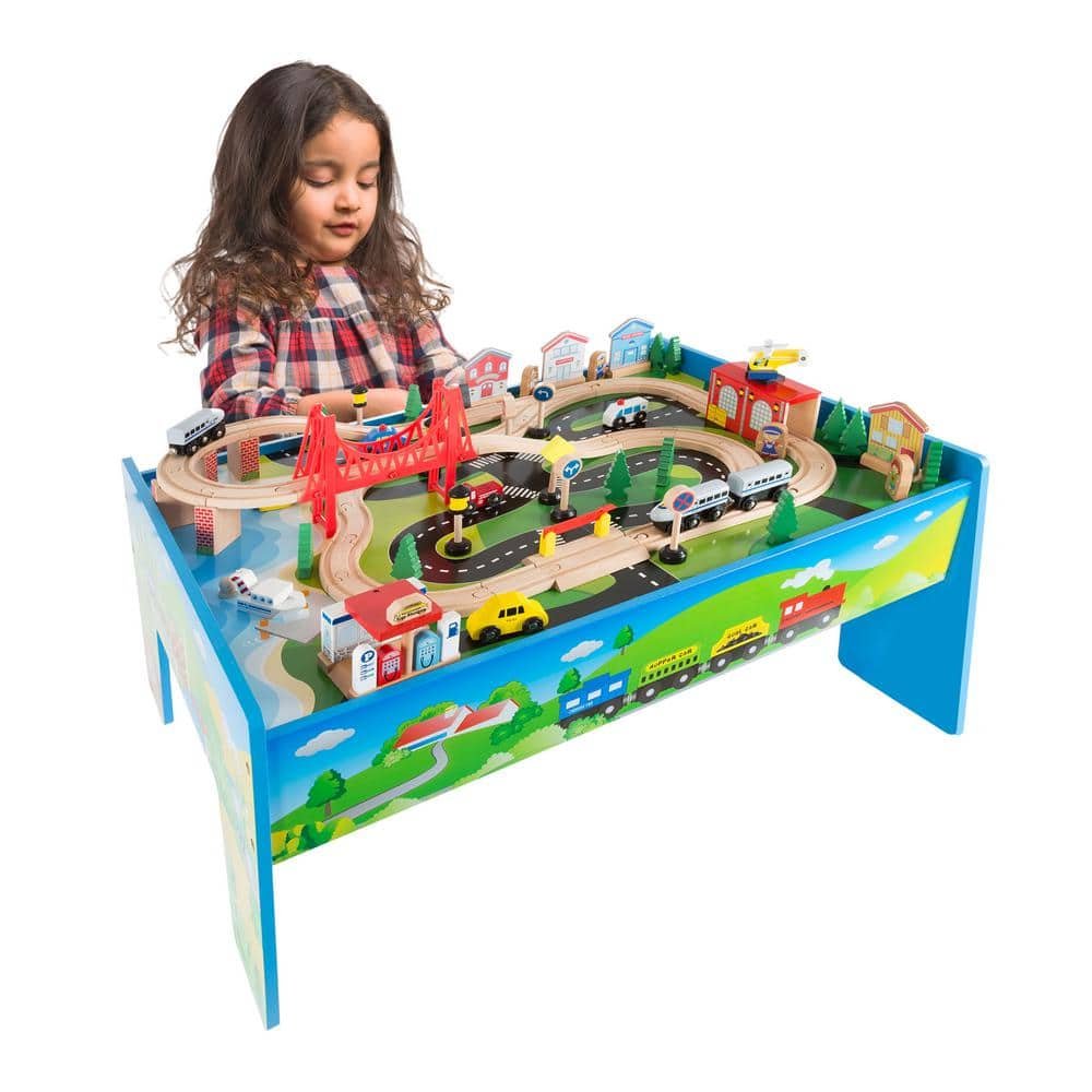 32 in. L Multi-Colored Wooden Train Set and Table