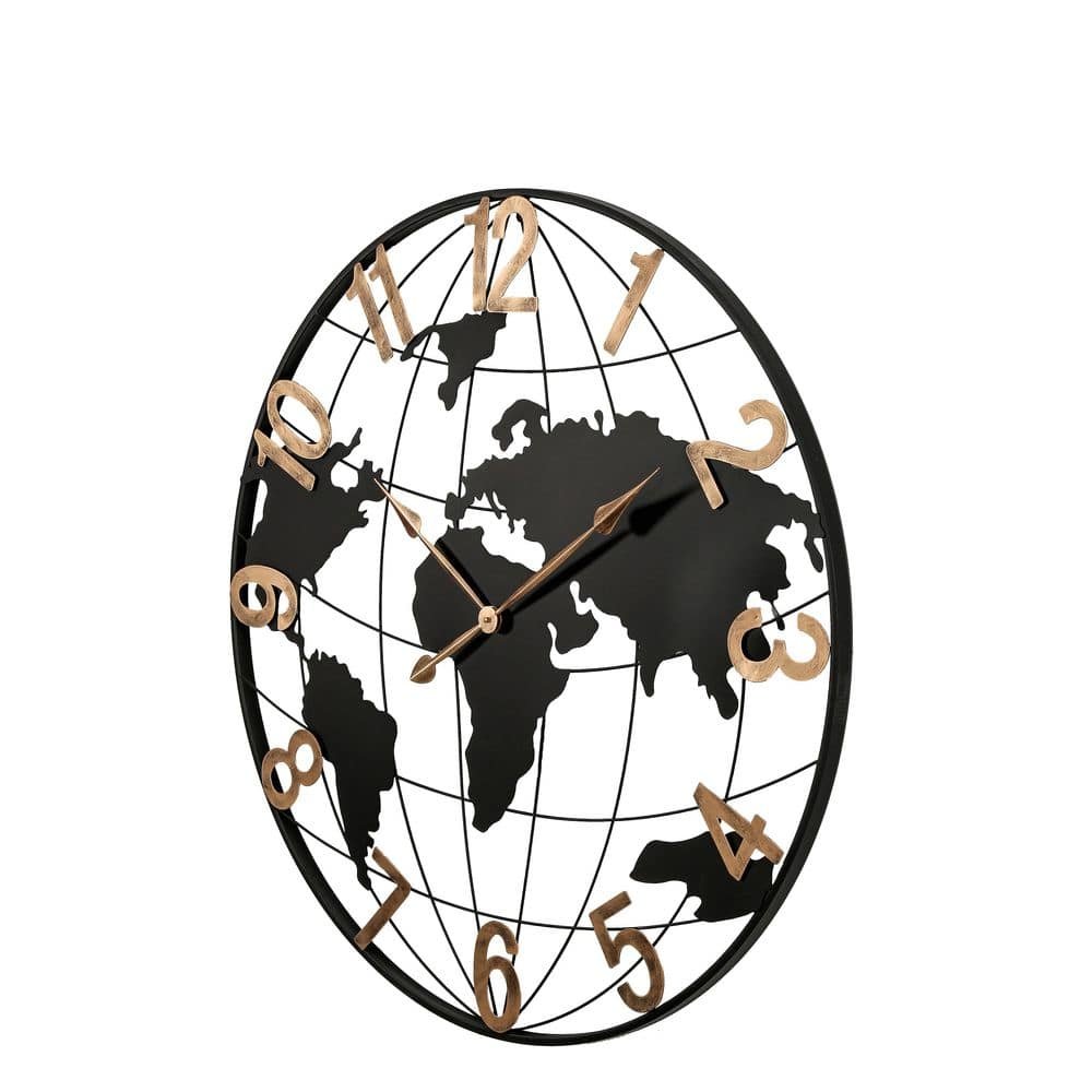 36 in. Black and Gold Analog Metal Silent Wall Clock, World Map...
