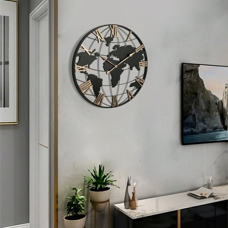 36 Inch Extra Giant Large Black Metal Wall Clock, Modern Silent World Map Wall Clock with Vintage Gold Roman Numeral, Decorative for Living Room, Entryway, Dinning Room, Bedroom