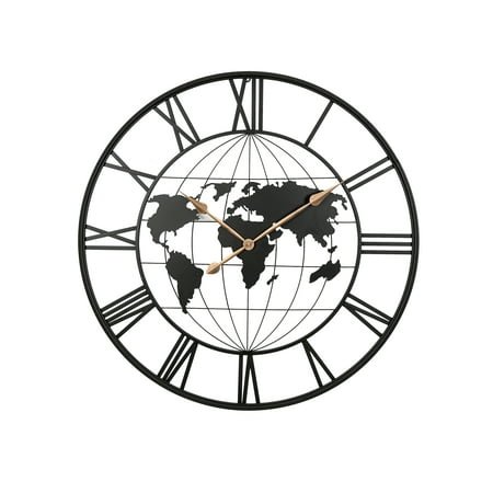 36 Inch Large Black Metal Wall Clock, Modern Silent World Map Wall Clock with Gold Pointers, Decorative for Living Room, Entryway, Dinning Room, Bedroom