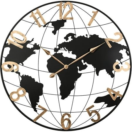 36 Inch Large World Map Wall Clock, Black Metal Frame with Gold Roman Numerals, Modern Round(Gold Arabic Numerals)