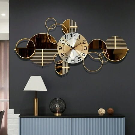 3D Creative Modern Metal Wall Clock, Personality Glass Decor Large Gold Clock with Silent Movement, Decorative Clock for Kitchen Bedroom Office Home