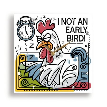 3dRose, Funny Cute Cool Rooster mad at Alarm Clock Not and Early Bird Satire, 13x13 Wall Clock