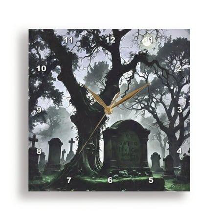 3dRose, Spooky Moonlit Headstone In A Misty Graveyard With Bare Trees, 15x15 Wall Clock
