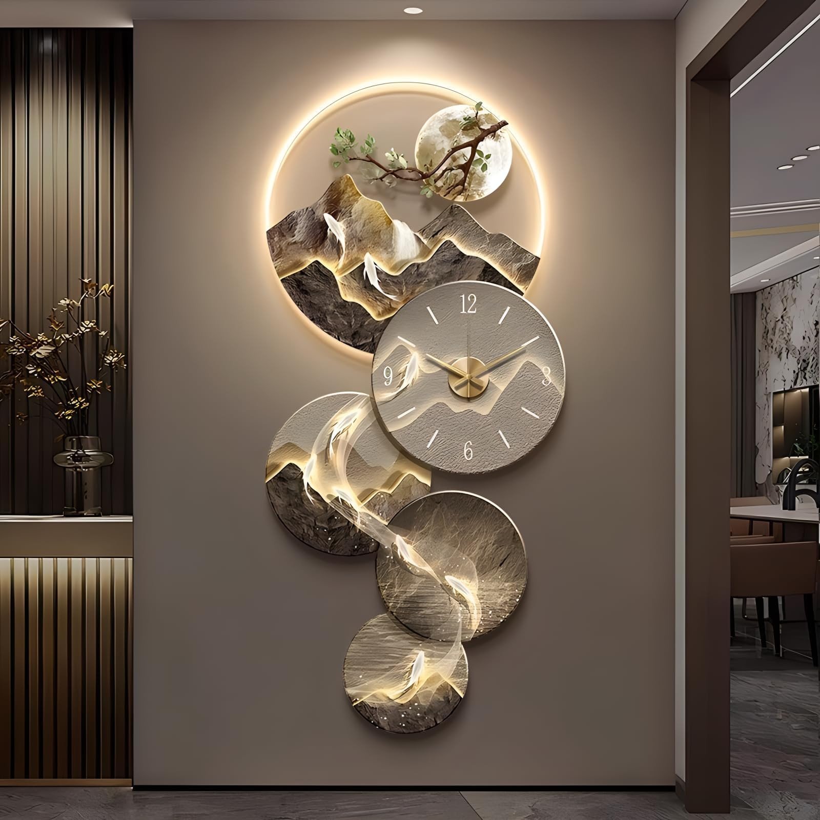 3D Wall Art Decor Clock, Large Wall Hanging Sculpture Painting with LED Light...