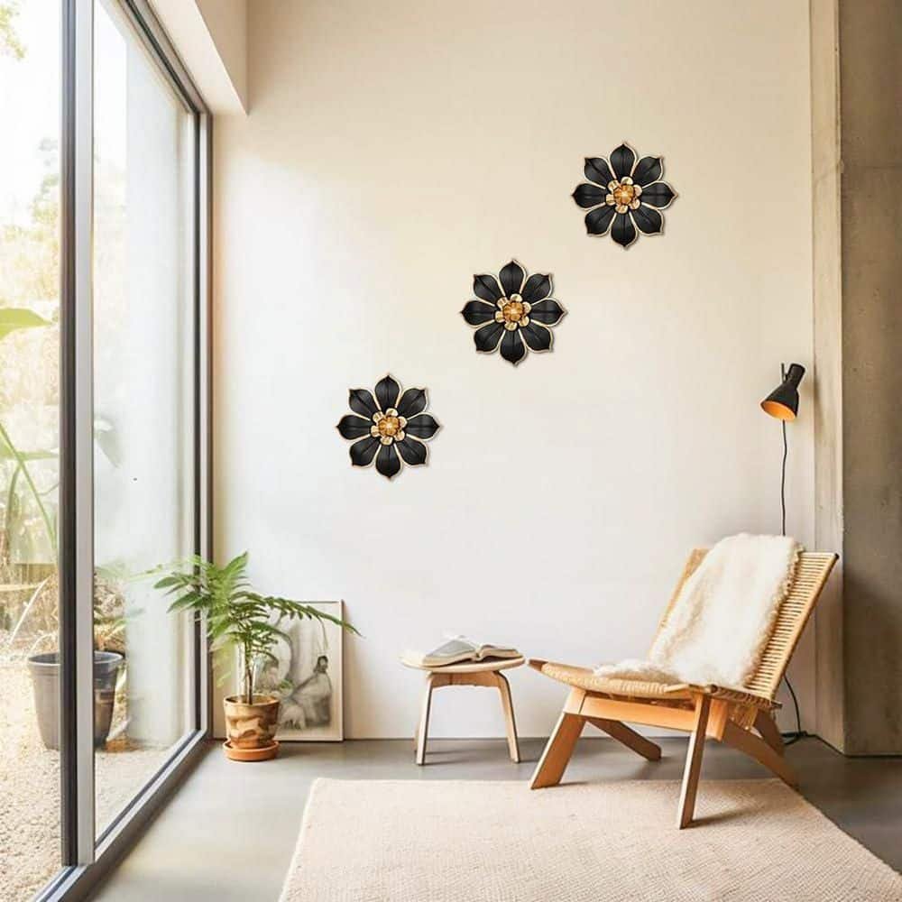 3 Pack 10 in. x 10 in. Black and Gold Metal Flowers...