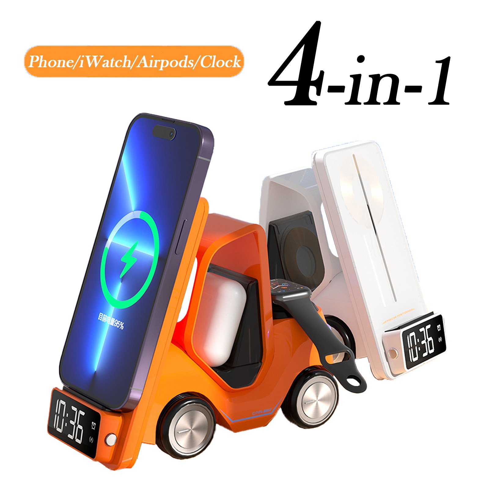 4 in 1 Charging Station Alarm Clock Wireless Charger for iPhone/iWatch/Airpods