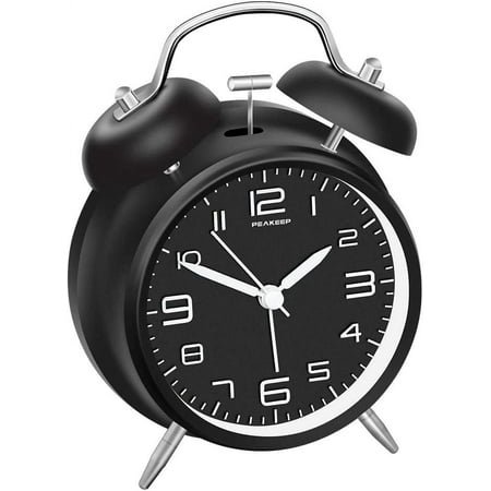 4 Inches Twin Bell Loud Alarm Clock for Heavy Sleepers, Backlight, Battery Operated Old Fashioned Alarm Clock for Bedrooms (Black)