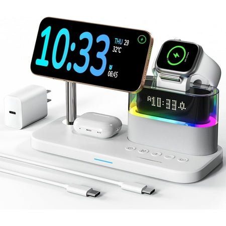 5 in 1 Wireless Charger with Alarm Clock for Apple,Mag-Safe Charging Station for iPhone 16/15/14/13/12,Apple Watch Series 10/9/Ultra 2/8/7/SE/SE2/6/5,Air-Pods 4/3/Pro/2,Magnetic Charger Stand(White)