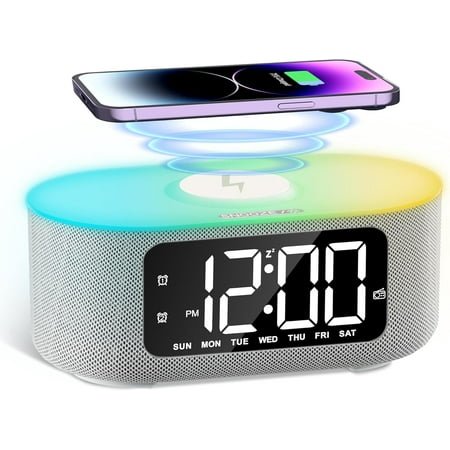 6-inch Gray Fabric Alarm Clock - Big LED Screen, Bluetooth Speaker, FM Radio, Wireless & USB Charging, Nightlight, White Noise for Bedroom/Gift