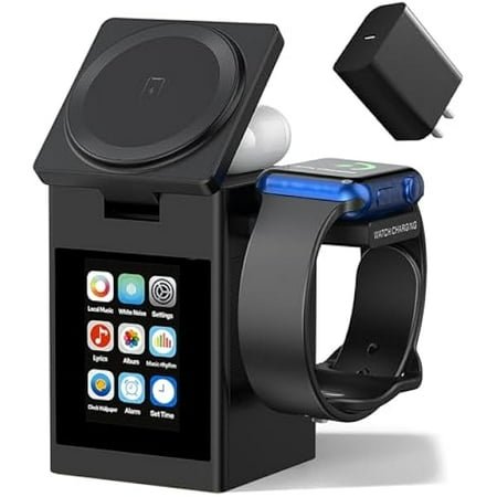 7-in-1 Wireless Charging Station with Bluetooth Speaker Alarm Clock, LCD Touch Screen, Multifunctional 3 in 1 Wireless Charger, 18W Fasting Charging for iPhone, AirPods, Watch