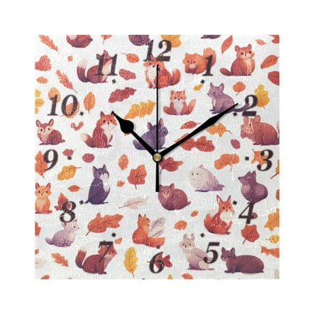 7.78in Hand Drawn Animals and Maple Leaves Square Wall and Table Clock Dual Use Vintage Design in Black or Gold