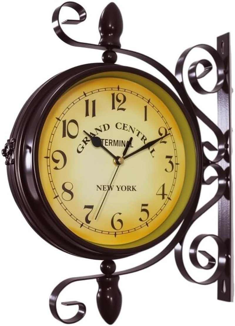 8" Round Antique-Style Wall Clock, Double-Sided Iron Retro Station Clock with Sc