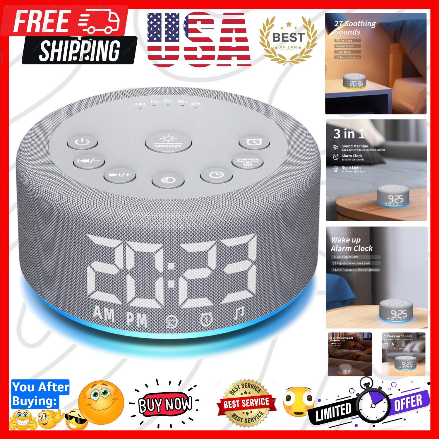 Adjustable Night Light & Sound Machine Alarm Clock with 27 Soothing Sounds