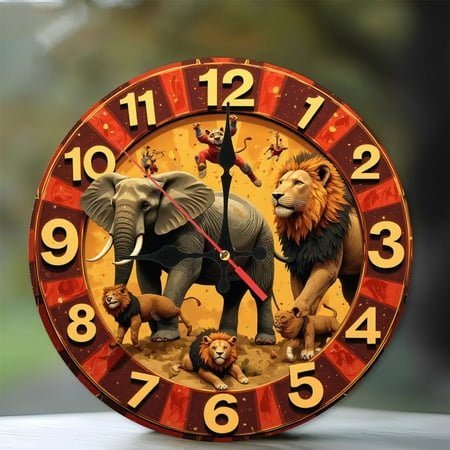 African Animals Wall Clock Lion Elephant Safari Home Decor 10-Inch Silent Wooden Wall Clock, Battery Operated (AA Batteries Not Included), Artistic Home Decor