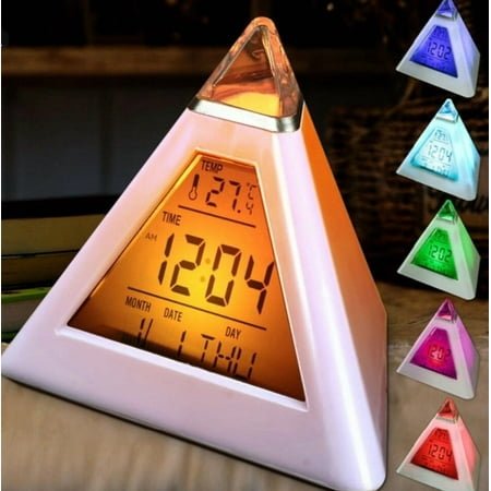 Alarm Clock Pyramid 7 Color Changing Timer Night Light Temperature Date