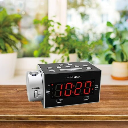 Alarm Clock Radio with Projection, Dual Alarm, Dual USB Charging, FM Radio, Red LED Display