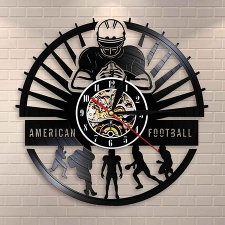 Amblelife American Football Players Wall Clock Sports Locker Room Wall Decor Modern Design Rugby Vinyl Record Wall Clock Football Fan Gift