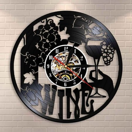 Amblelife Wine Logo Wall Clock Winery Bottle Glass Grape Vine Drink Drinking Alcohol Liquor Pub Bar Label Emblem Vinyl Record Wall Clock