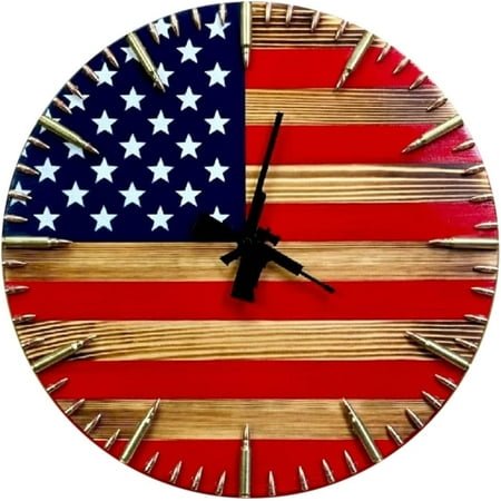 American Flag Wall Clock 16 Inch Vintage Patriotic Gun Clock with Battery Powered Wooden Round Independence Day Clock for Home Kitchen Living Room Bedroom Decoration (Batteries Not Included)
