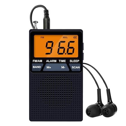 AM FM Pocket Radio,Mini Portable Radio, Battery Operated by 2 AA Batteries with Stereo Earphone, Large Digital Display, Time Display, Digtal Alarm Clock (Black)