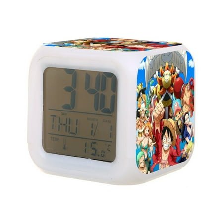 Anime One Piece Luffy Digital Alarm Thermometer Night Glow Cube 7 Color Clock LED Changing LCD Display Suitable for Bedroom Children