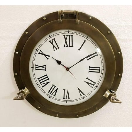 Antique Marine Brass Ship Porthole Clock Nautical Wall Clock Home Decorative (17 inches)