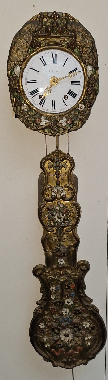 ANTIQUE WEIGHT DRIVEN FRENCH MORBIER WAG ON WALL CLOCK PAUL VERON a MORTAIN RUNS