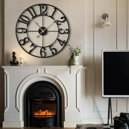 Arsvita 16 Inch Large Wall Clock, Silent Non-Ticking, Battery Operated Metal Clock, Oversized, Decorative Retro Clock for Farmhouse, Dinner and Living Room, Indoor, Outdoor(Black Arabic Number)