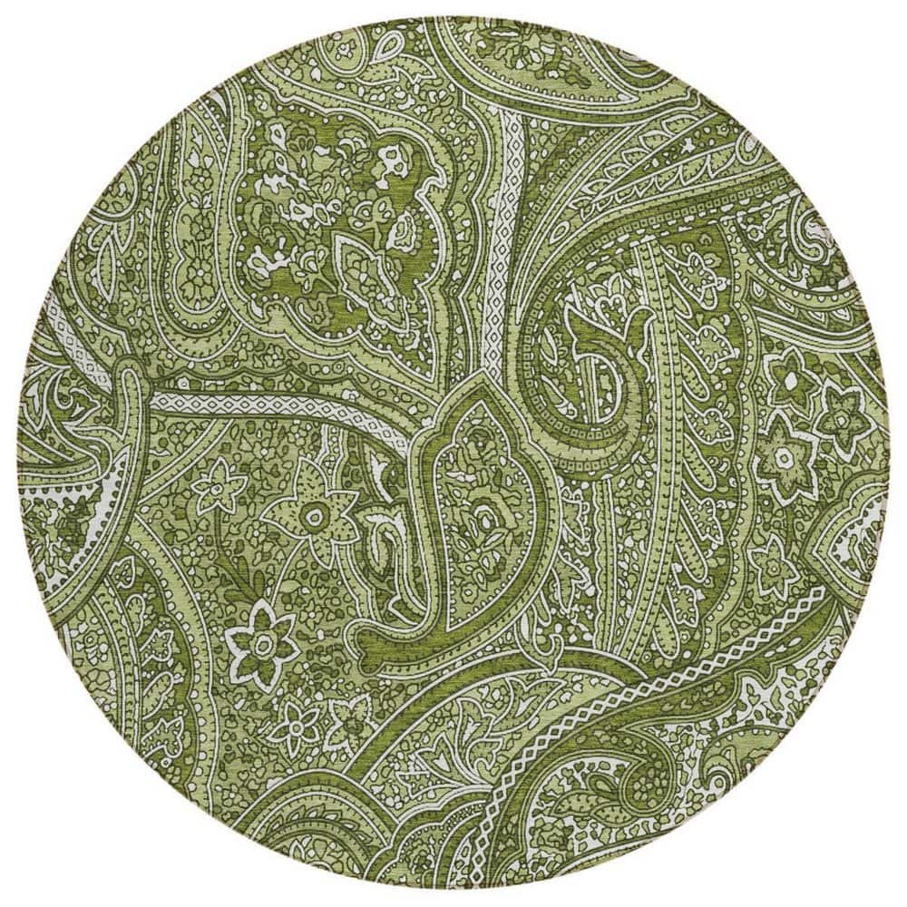 Artichoke Green, Olive Green 8 ft. Round Woven Paisley Polyester Round Indoor/Outdoor...