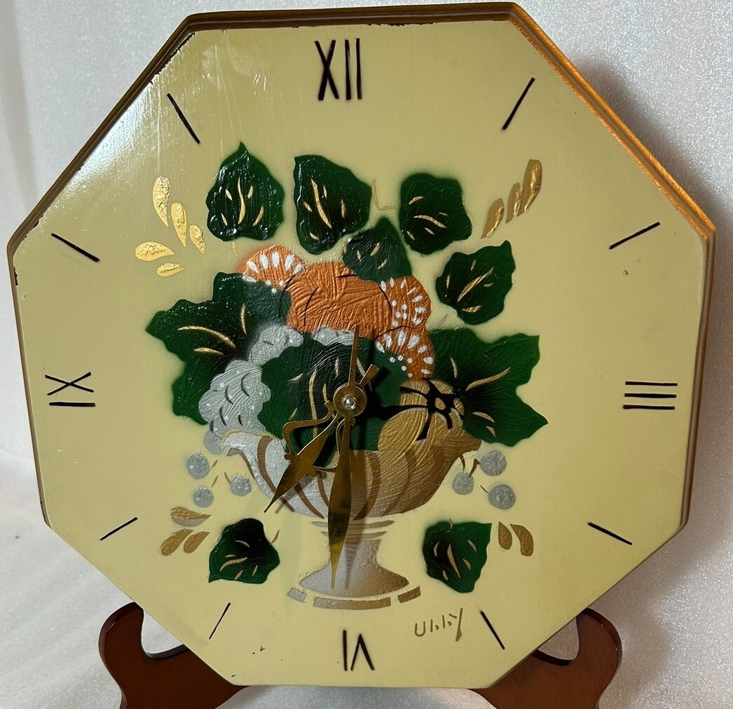 Artist Uhhy Signed Handmade Wood Floral Octagonal Clock Handpainted 11in X 11in