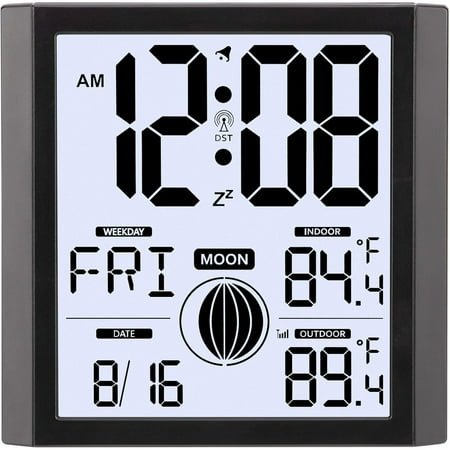 Atomic Wall Clock - Alarm Clocks for Bedrooms Heavy Sleepers with Indoor/Outdoor Temp Backlight Battery Operated Moon Phases 8.8' Large Display Weather Digital Kitchen Living Room Desk