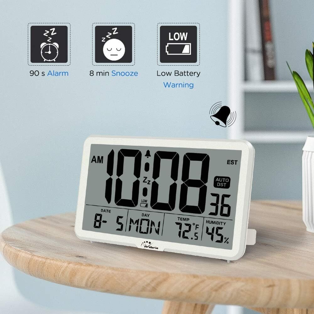 Auto Set Digital Wall Clock Battery Operated Temp Humidity Date Alarm 8 Zones
