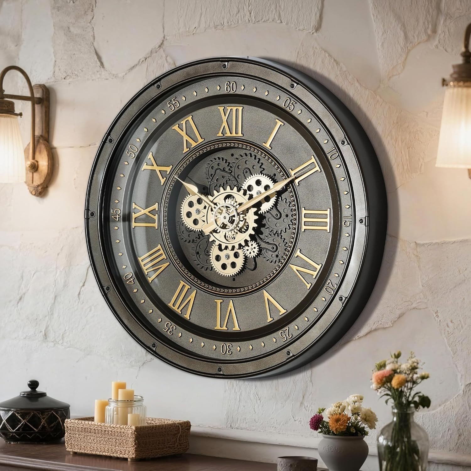 AYRELY 24IN Decorative Moving Gear Large Wall Clock, Oversized Industrial Steam