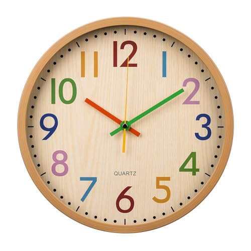 bakbrand Kids Wall Clock 12 Inch Silent Non-Ticking Colorful Childrens Clock Round Decorative Wall Clocks for Classroom, School, Office, Bedroom, Living Room, Kitchen