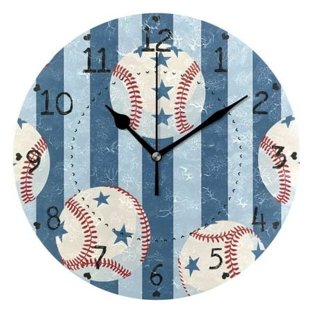 Baseballs with Star Patterns Blue Stripes Round Wall Clock Silent Analog Battery Operated Black Pointer Home Decor 9.84 Diameter