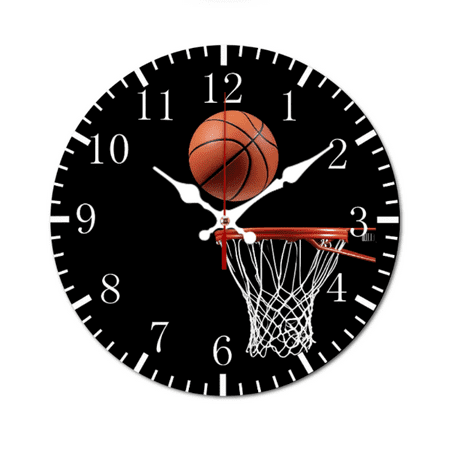 Basketball & Hoop Silent Wood Wall Clock -Modern Sports h Black & White Design, Perfect for Living Room, Bedroom, Office, Sports Room Ideal Gift for Birthdays, Holidays (AA Batteries Not Included)