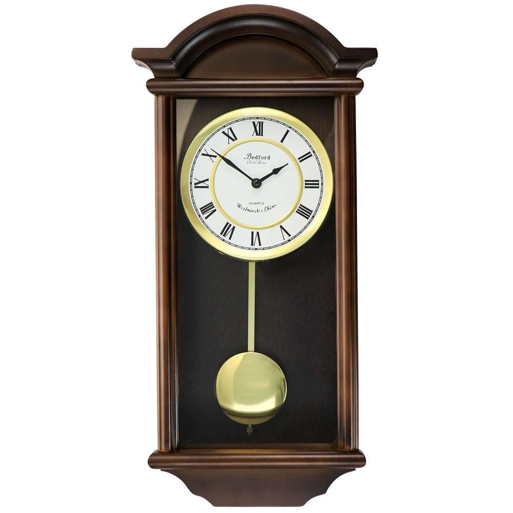 Bedford Clock Wall 22" Swinging Pendulum Chestnut Wood Chiming Roman Numerals
