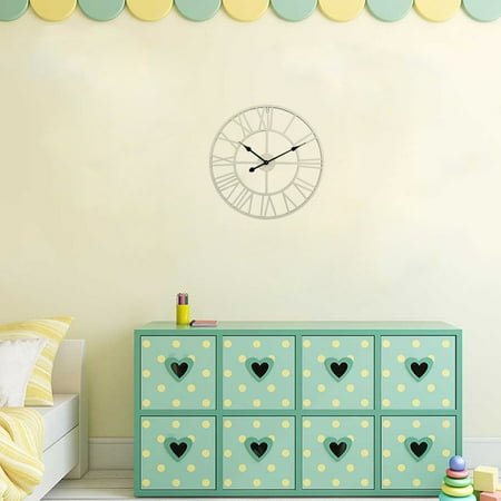 BESTYASH Wrought Iron Roman Numeral Wall Clock White Silent Hanging Decor for Living Room
