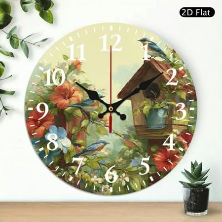 bird house flowers birds Round Wooden Wall Clock for Home Decor, Silent Mechanical Movement Wall Decor for Linving Room, Perfect for Living Room, Dorm, Bedroom, Kitchen, Home Office & More, Wall Clock