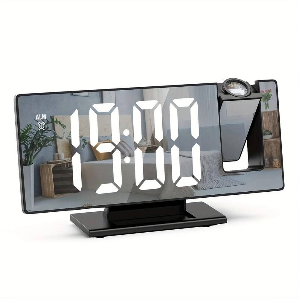 Black Projector Digital Table Mirror Alarm Clock with Large LED Screen for...