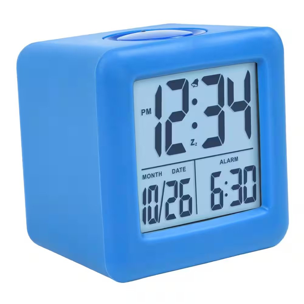 Blue Soft Cube LCD Alarm Clock with Smart Light Touch Control Bedside Clock NEW