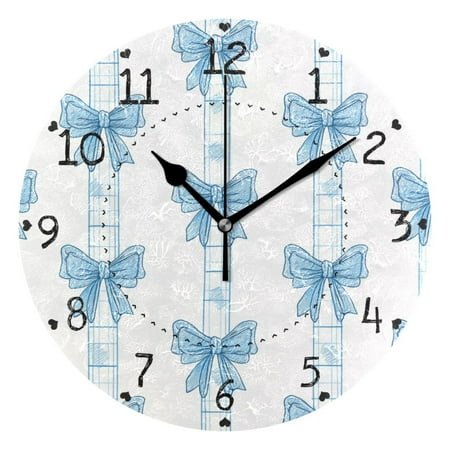 Blue Stripes with Plaids Bows Round Wall Clock Silent Analog Battery Operated Black Pointer Home Decor 9.84 Diameter