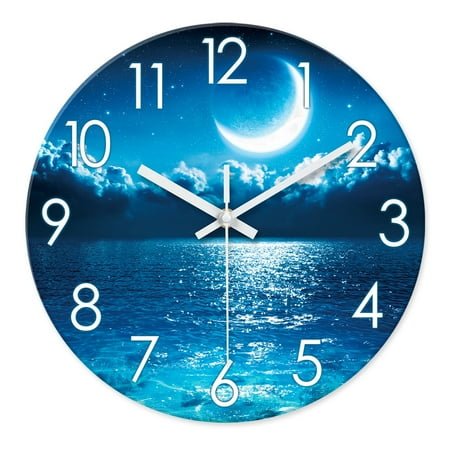 Blue Wall Clock 20 Inch Silent Non Ticking Large Modern Moon Ocean Wall Clocks Battery Operated Round Decotative Wall Clocks for Kitchen Living Room Office